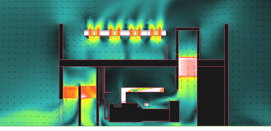 Simulation CFD des vitesses d'air dans un local groupe électrogène - coupe