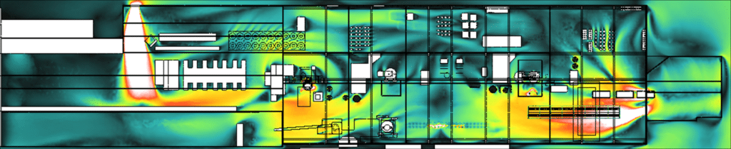 Plan des vitesses d'air à hauteur d'homme dans une usine dans le cadre de l'étude de la ventilation naturelle