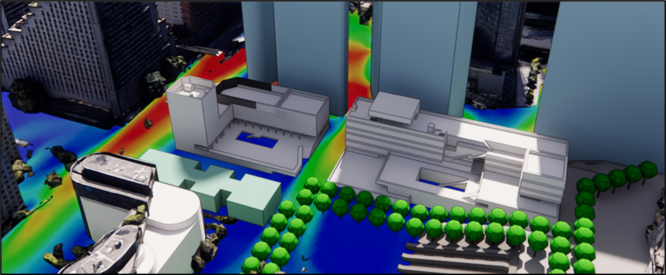 Simulation CFD en réalité virtuelle des effets de vent entre les gratte-ciels de La Défense, Paris.