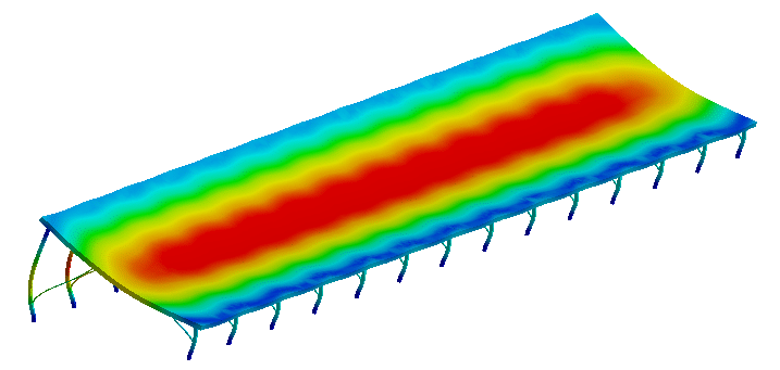 Images des résultats de simulation de la résistance structurelle d'une centrale solaire soumise à des vents extrêmes.