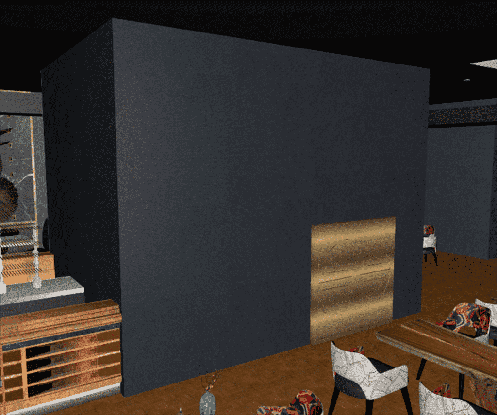 Modèle 3D d'un restaurant avec textures réalistes, représentant l'architecture intérieure et extérieure, incluant des éléments de design tels que les meubles, l'éclairage et la décoration, pour illustrer l'ambiance et l'expérience culinaire dans l'établissement.
