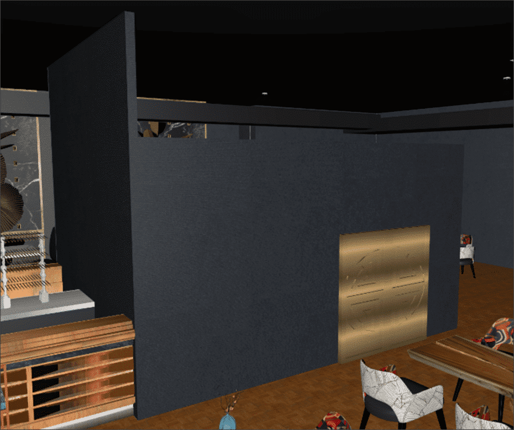 Modèle 3D d'un restaurant avec textures réalistes, représentant l'architecture intérieure et extérieure, incluant des éléments de design tels que les meubles, l'éclairage et la décoration, pour illustrer l'ambiance et l'expérience culinaire dans l'établissement.