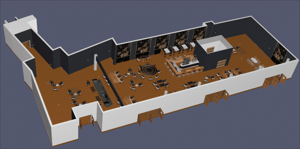 Modèle 3D d'un restaurant conçu pour l'ingénierie du désenfumage, représentant les aménagements intérieurs et extérieurs, intégrant des systèmes de ventilation et de sécurité pour assurer une évacuation efficace de la fumée en cas d'incendie, tout en optimisant l'expérience des clients.