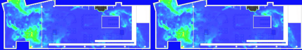 Plan de simulation CFD représentant la répartition de la visibilité à travers la fumée au cours du temps dans un espace de restaurant de type L, illustrant l'évolution de la dispersion des particules de fumée et son impact sur la clarté visuelle, afin d'évaluer les conditions de sécurité et d'optimiser la conception des systèmes de ventilation.