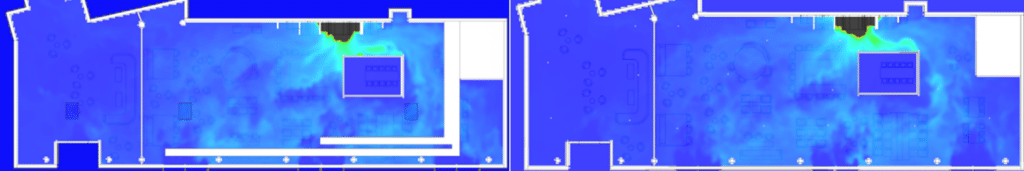 Plan de simulation CFD représentant la répartition de la visibilité à travers la fumée au cours du temps dans un espace de restaurant de type L, illustrant l'évolution de la dispersion des particules de fumée et son impact sur la clarté visuelle, afin d'évaluer les conditions de sécurité et d'optimiser la conception des systèmes de ventilation.
