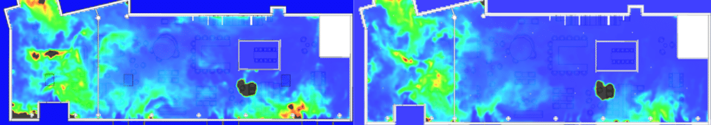 Plan de simulation CFD représentant la répartition de la visibilité à travers la fumée au cours du temps dans un espace de restaurant de type L, illustrant l'évolution de la dispersion des particules de fumée et son impact sur la clarté visuelle, afin d'évaluer les conditions de sécurité et d'optimiser la conception des systèmes de ventilation.