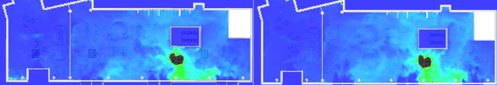 Plan de simulation CFD représentant la répartition de la visibilité à travers la fumée au cours du temps dans un espace de restaurant de type L, illustrant l'évolution de la dispersion des particules de fumée et son impact sur la clarté visuelle, afin d'évaluer les conditions de sécurité et d'optimiser la conception des systèmes de ventilation.