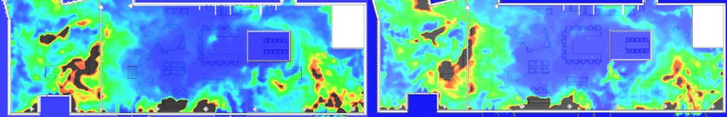 Plan de simulation CFD représentant la répartition de la visibilité à travers la fumée au cours du temps dans un espace de restaurant de type L, illustrant l'évolution de la dispersion des particules de fumée et son impact sur la clarté visuelle, afin d'évaluer les conditions de sécurité et d'optimiser la conception des systèmes de ventilation.