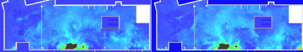Plan de simulation CFD représentant la répartition de la visibilité à travers la fumée au cours du temps dans un espace de restaurant de type L, illustrant l'évolution de la dispersion des particules de fumée et son impact sur la clarté visuelle, afin d'évaluer les conditions de sécurité et d'optimiser la conception des systèmes de ventilation.